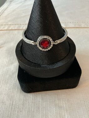 Red Glass and Rhinestone Silver Tone Bracelet